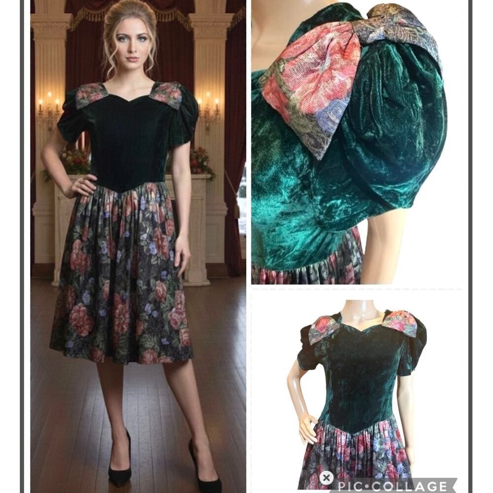 VTG Jessica McClintock Velvet Metallic Floral Victorian Whimsigoth Dress Small